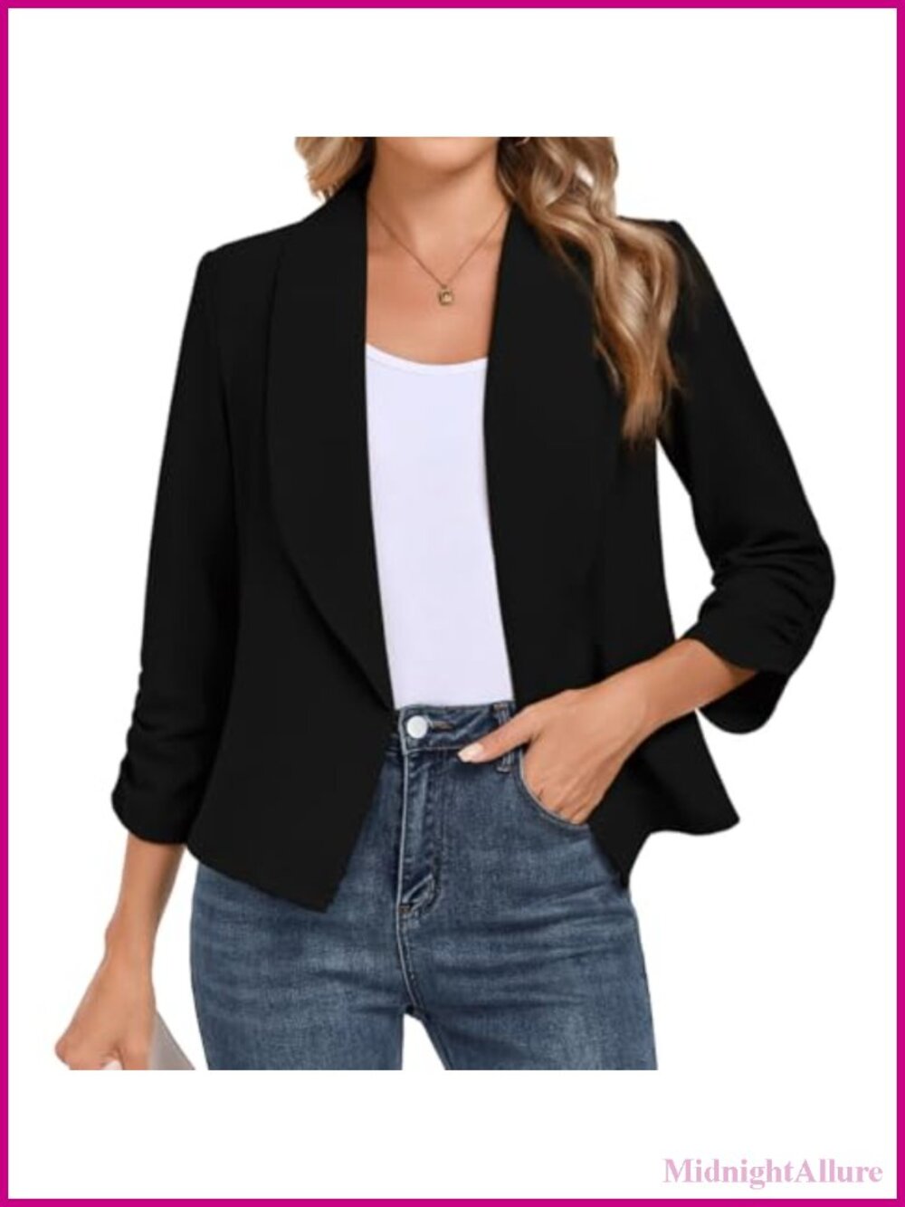 Womens Lightweight Ruched 3/4 Sleeve Open Front Blazer Slim Fit Work Jacket